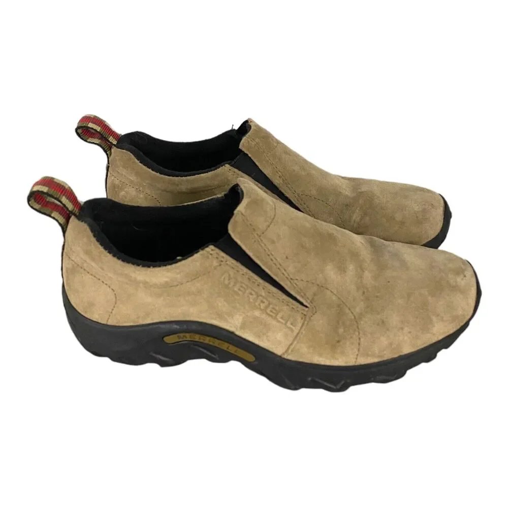 Merrell Kids Tan Suede Slip-On Moccasins with Black Trim and Heel Tabs
